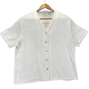 White V-Neck Button-Up Short Sleeve Blouse Size 16 Polyester Made In Korea